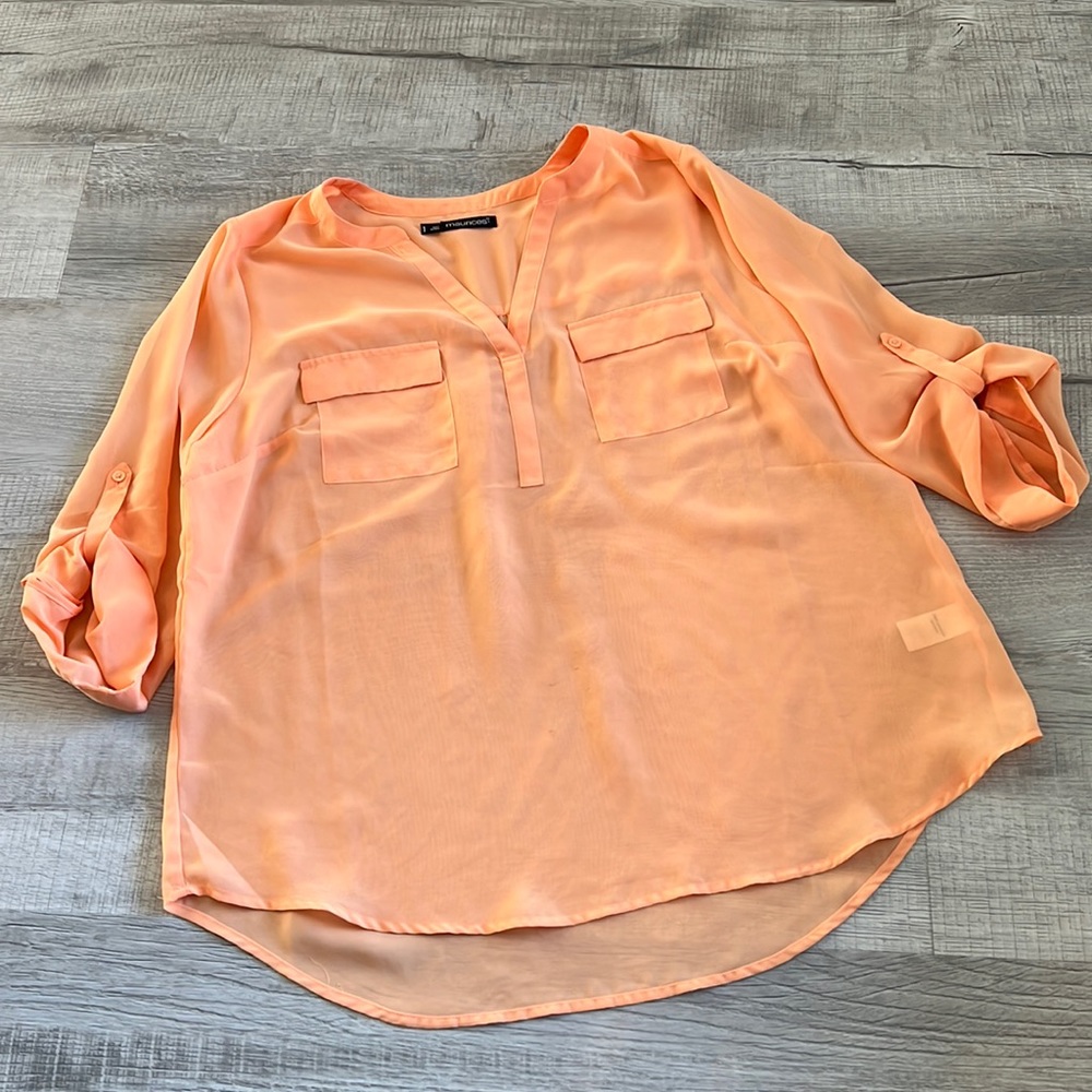 Tangerine,V-Neck, 3/4 sleeve blouse. Size 1, Maurice’s brand.